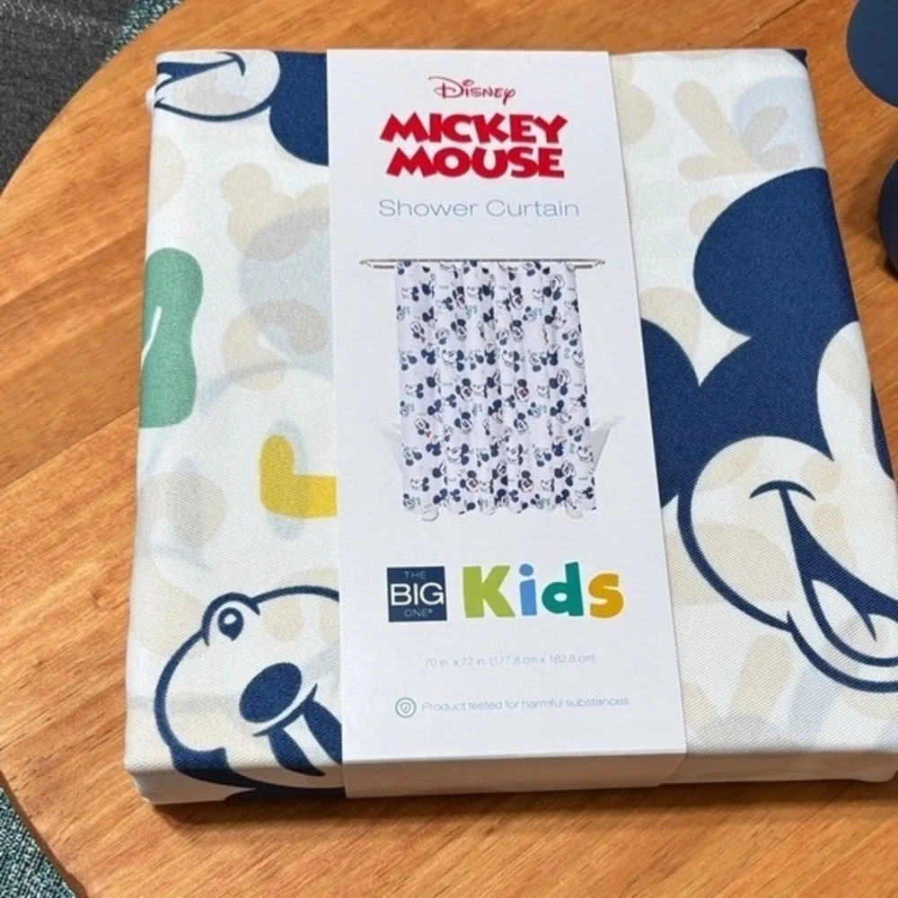 Disney Mickey Mouse Funny Faces Shower Curtain & Soap Dispenser 70in by 72in NEW